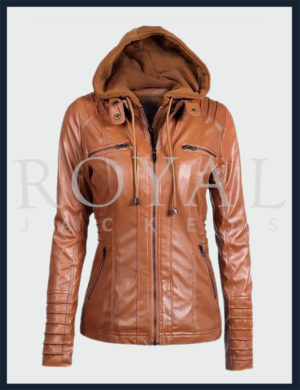 Womens Removeable Hood Moto Leather Jacket