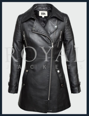 Womens Slim Fit Leather Trench Coat, Md-long Moto Zipp