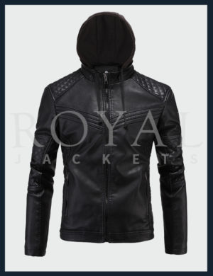 Black British Hooded Leather Jacket For Men