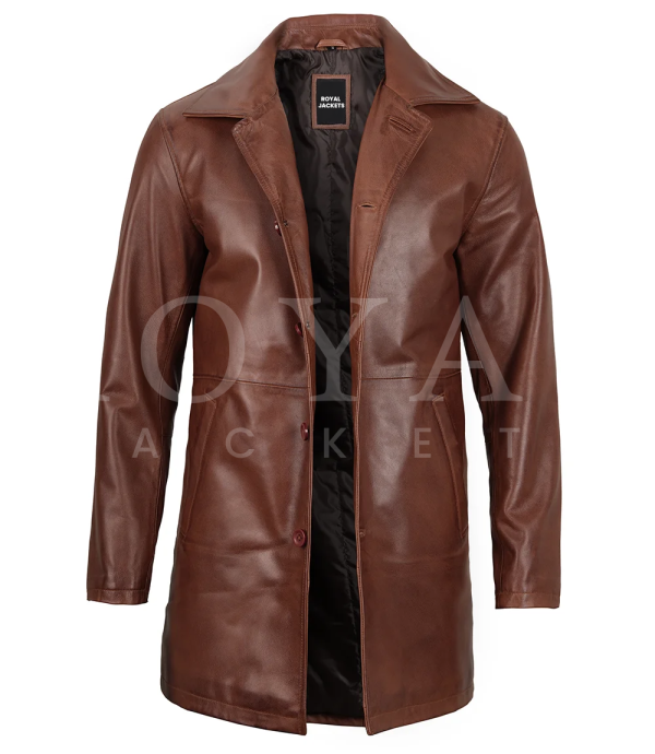 Tan Mens Distressed 34 Length Leather Car Coat